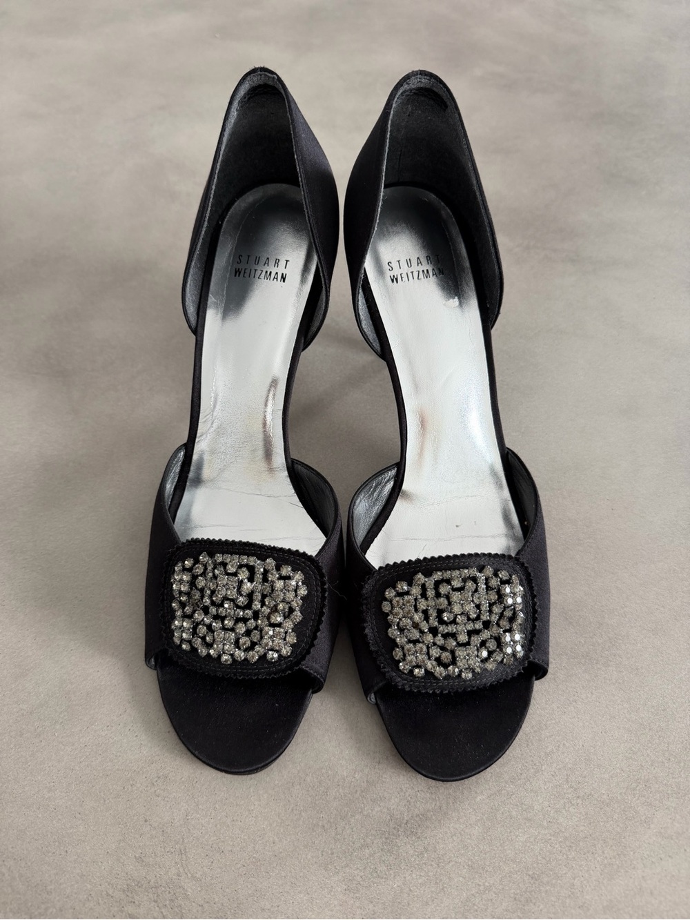 Stuart Weitzman Embellished Black Satin D'Orsay Heels